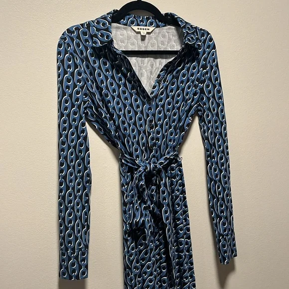 BODEN Laura Jersey Midi Shirt Dress, Blue, Geo Chain, Size 4L - Picture 3 of 12